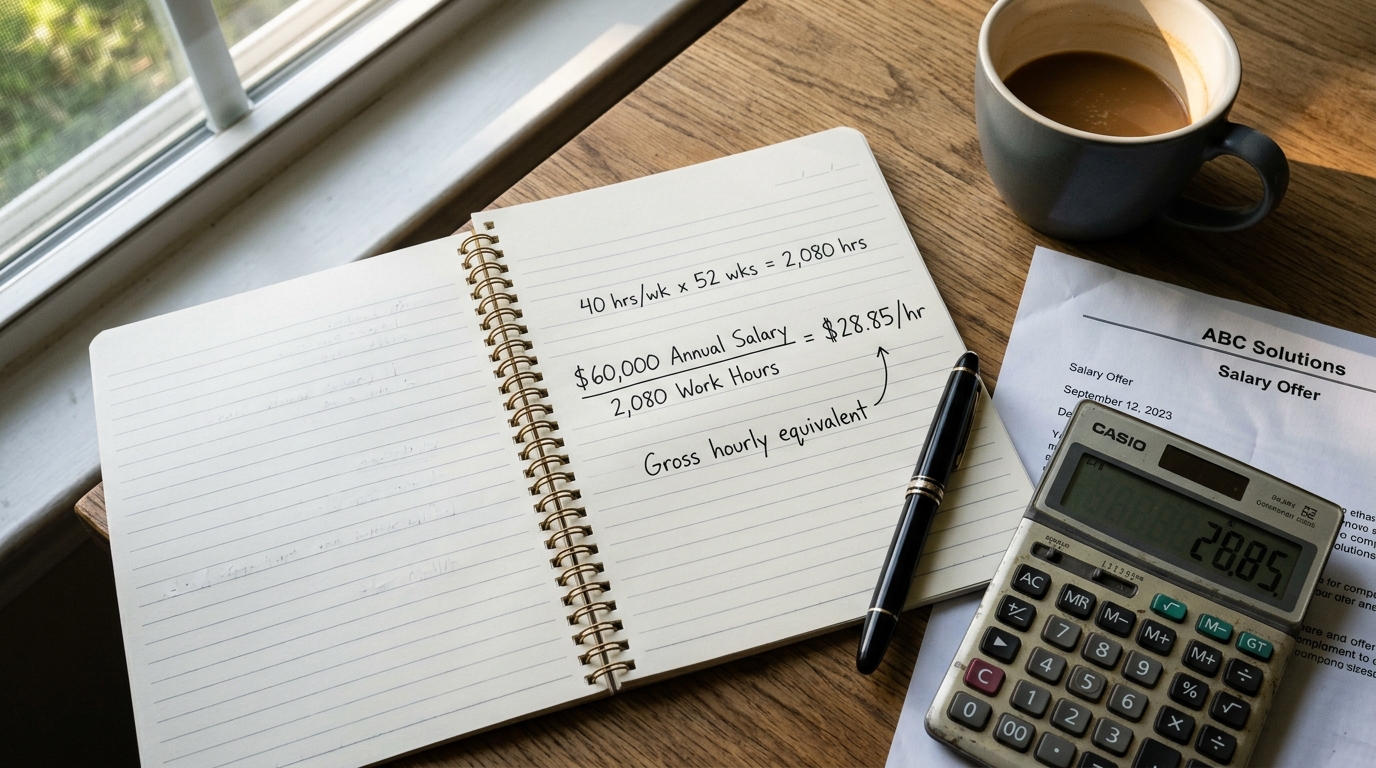 Handwritten annual salary to hourly rate calculation